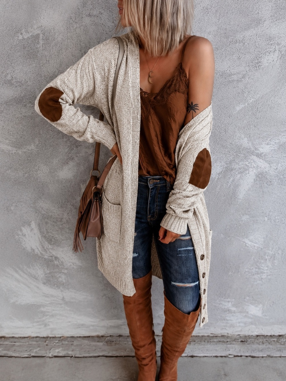 Alia Oatmeal Knit Open Cardigan Brown Elbow Patches Side Button Hem Pockets S